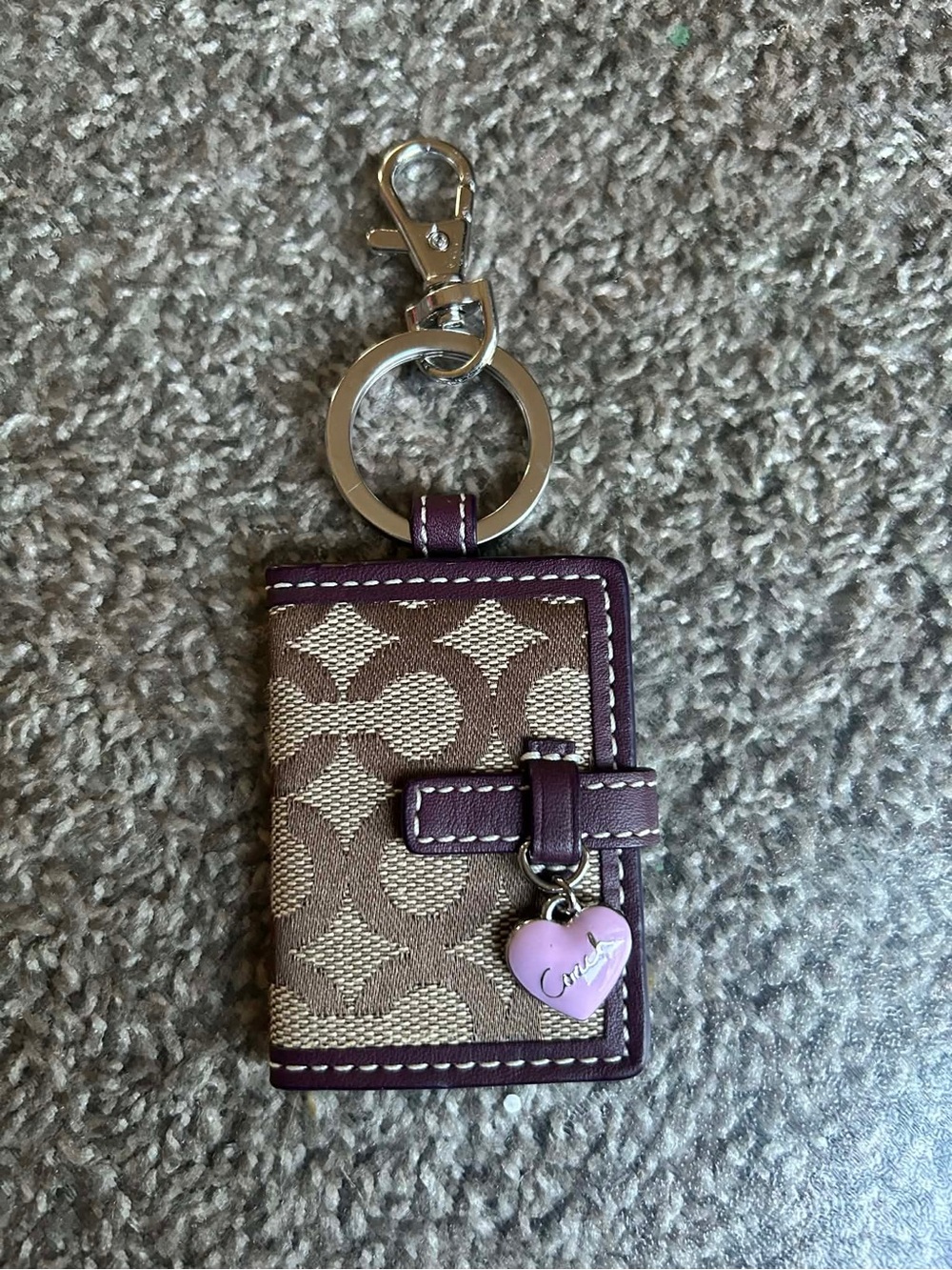 Coach purple Signature photo Keychain with Purple Trim and Heart Charm